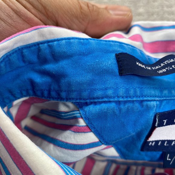 Vintage 90s Tommy Hilfiger Shirt Adult Large L Pink White Stripe Button Up Men - Picture 4 of 12